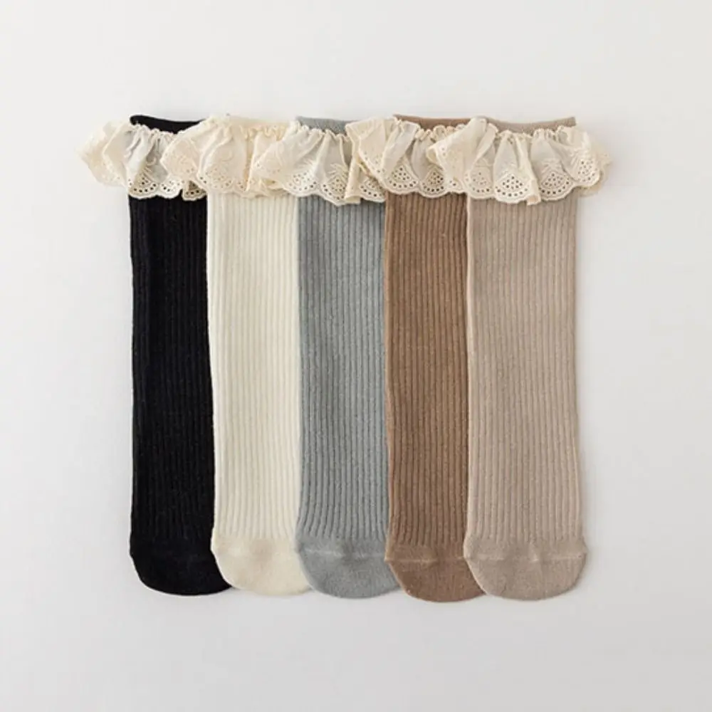 5Pairs Ruffled Edge Baby Calf Socks Baby Lace Trim Long Tube Infant Cotton Stockings Cotton Toddle Cartoon Above Knee Socks