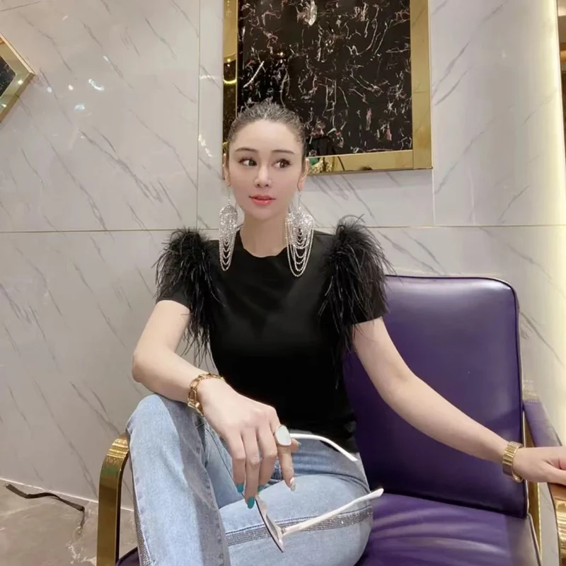 

MOLAN Summer 2023 New French Celebrity Stitched Fur Fringe Slim Thin Feather Woman Top Female T-shirt