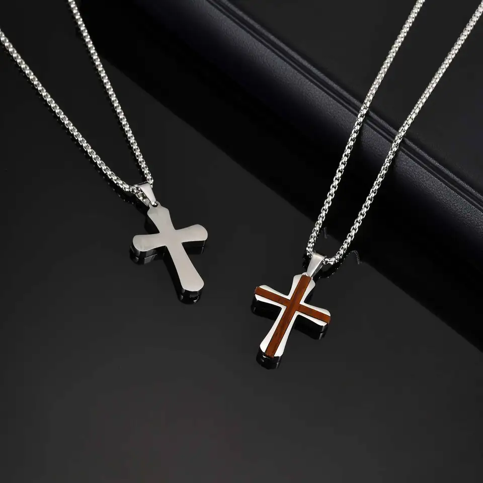Red Pear Solid Wood Cross Neckalce for Men,Silver Color Stainless