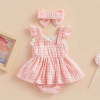 ma&baby 0-18M Newborn Infant Baby Girls Romper  Plaid Lace Ruffle Jumpsuit Playsuit + Bow Headband Summer Outfit 4