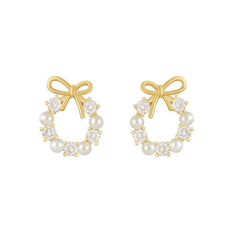 Fashion Lmitation Pearl Crystal Bow Stud Earring For Women Girl Party Trending Jewelry