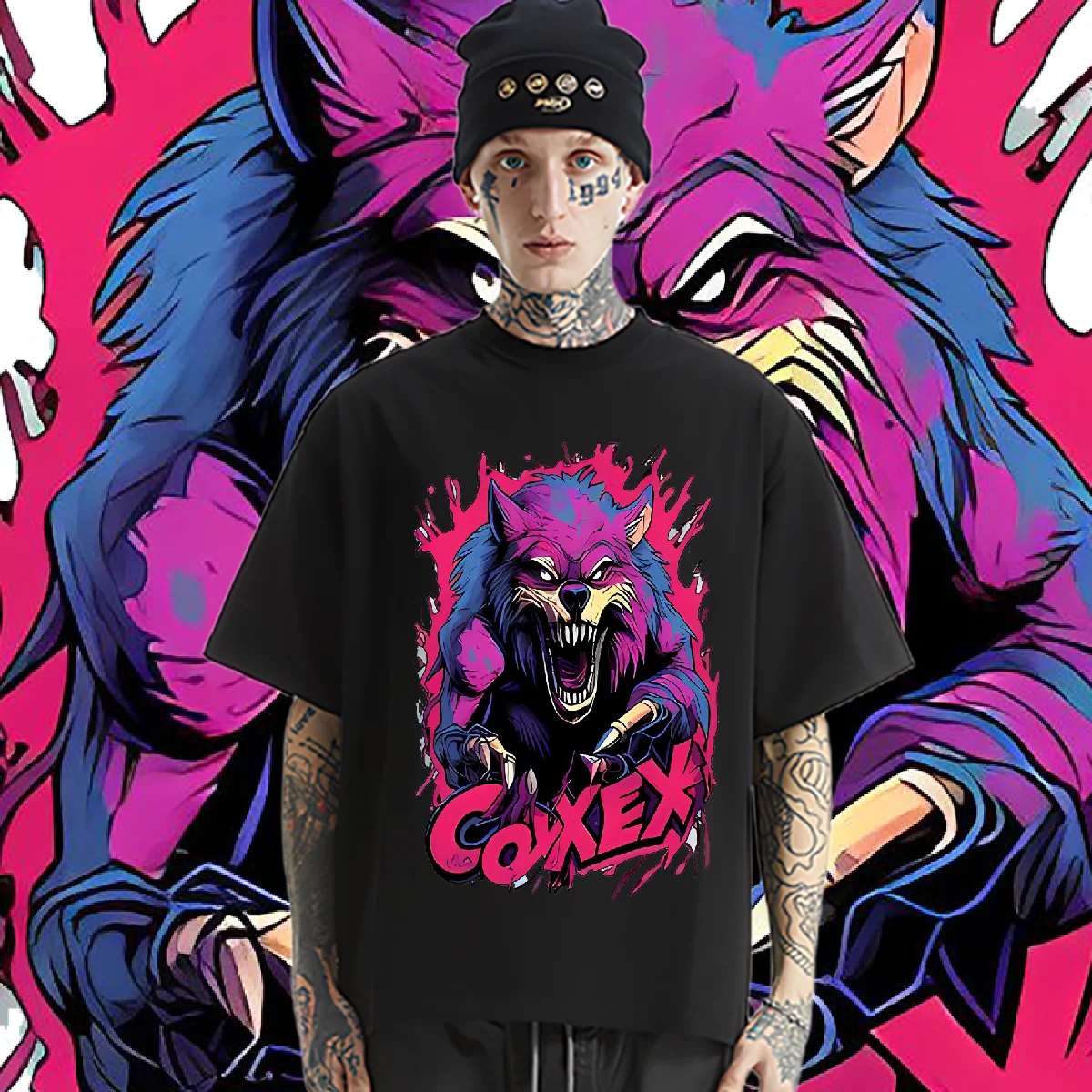 

COYXEX Wolf Tshirt Big Size Round Neck Tees Hip Hop Style Men T-shirt Graphic Printing T Shirt Causal Loose Tops