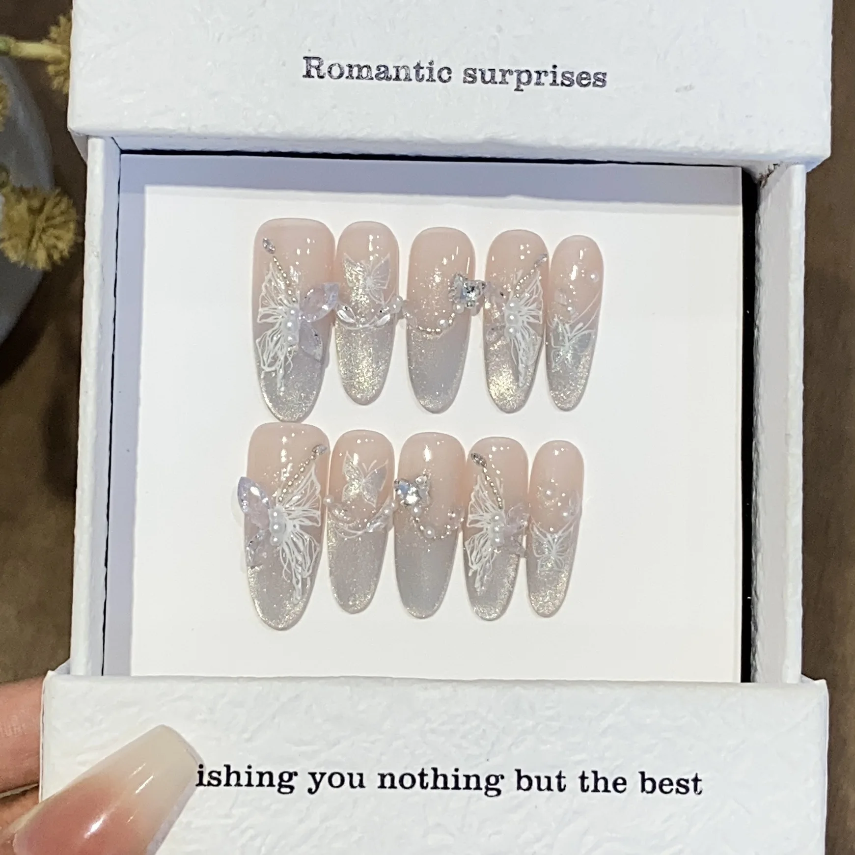 10PCS 3D Butterfly Handmade Oval Press on Nails Glittter Cat Eye Fake Nail Pink Gradient Glossy French Artificial Wearable Nails 13 10PCS 3D Butterfly Handmade Oval Press on Nails Glittter Cat Eye Fake Nail Pink Gradient Glossy French Artificial Wearable Nails - Image 3