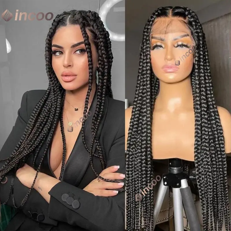 

Synthetic Jumbo Knotless Full Lace Frontal Wigs Large Box Braided Wigs For Black Women Lace Front Square Knotless Box Braids Wig