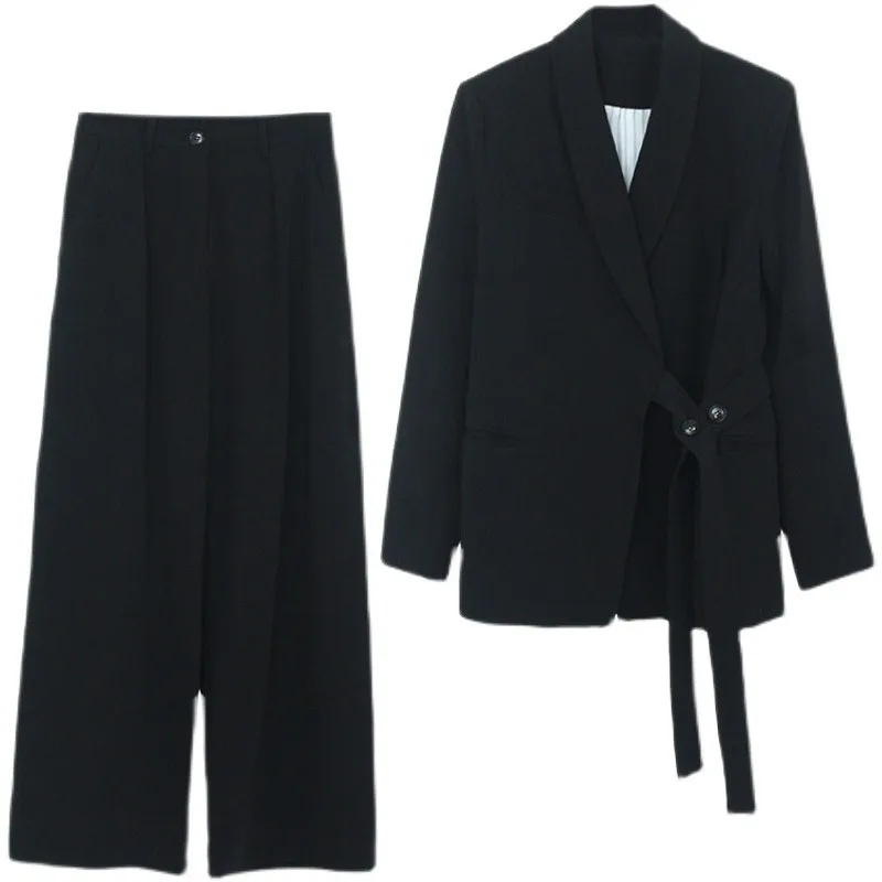 2024 Women V-neck With Belt Blazer Coat And Pants 2 Piece Set Spring Chic Long Sleeve Pockets Jacket Trousers Suits Solid Outfit