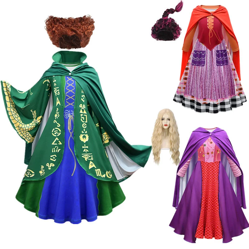 Halloween Hocus Pocus Girl Sarah Mary Dress Up Carnival Party Sanderson Sisters Witch Winifred Costume Cosplay Mantello Lungo Con Cappuccio