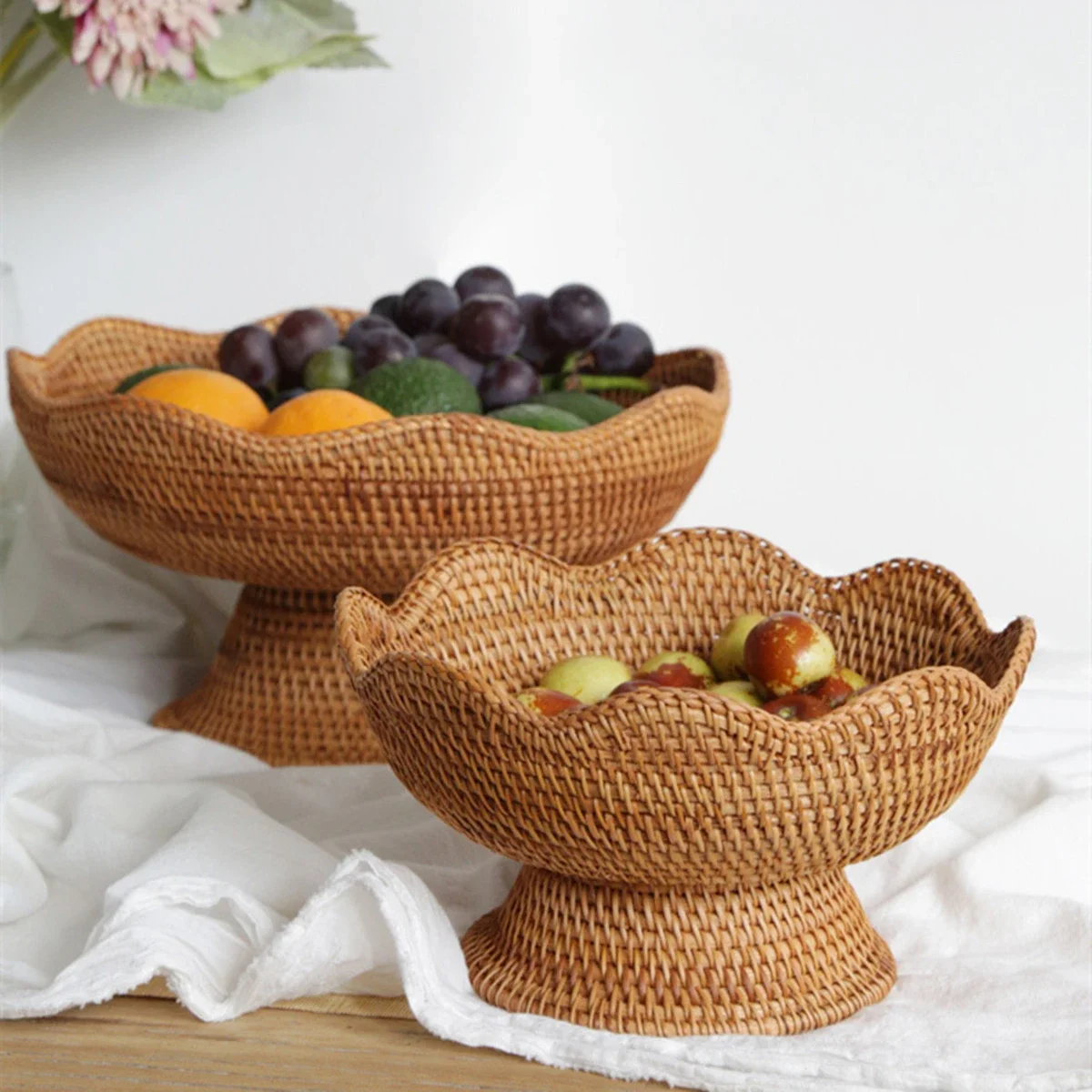 Rattan Fruit Baskets,Wicker Storage Bowls,Natural Woven Serving Basket Bowls,Decorative Baskets for Kitchen Counter Organizing 2