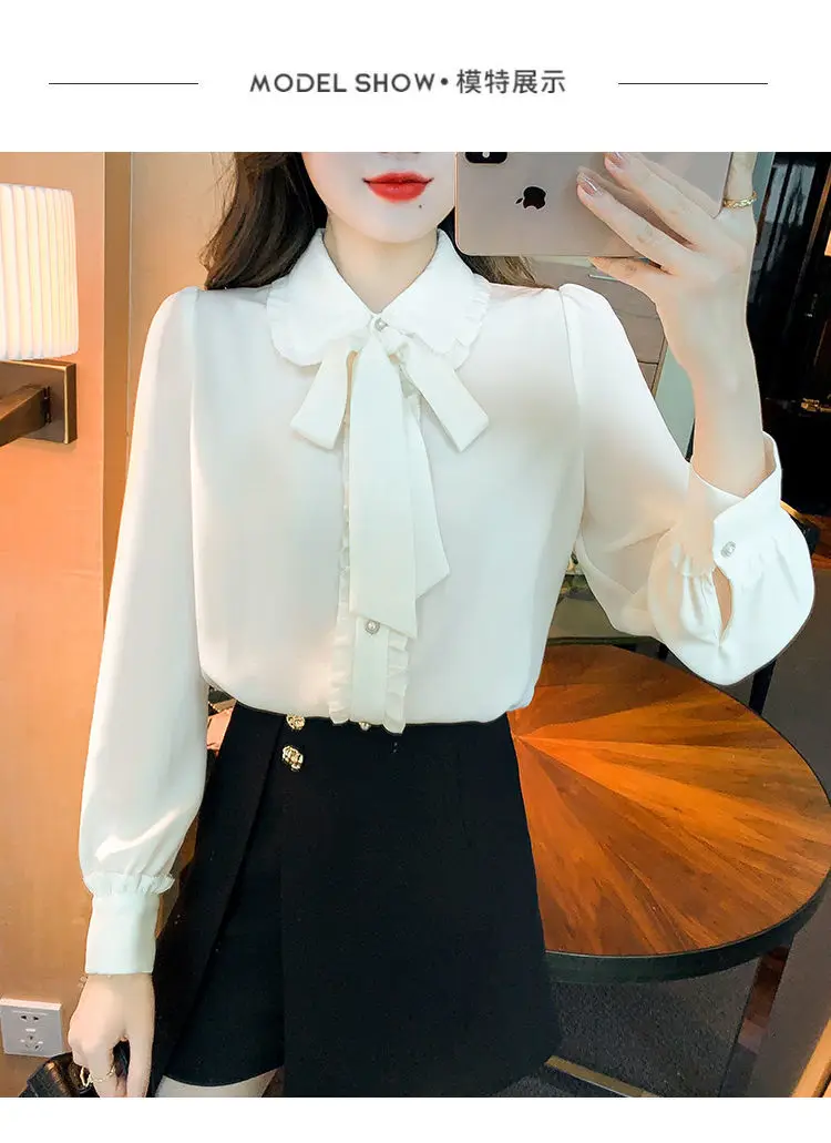 Bow Tie White Chiffon Shirt 2022 Spring Summer Korean Fashion Blouse Lace Elegant Long Sleeve Shirt for Female Casual Clothing