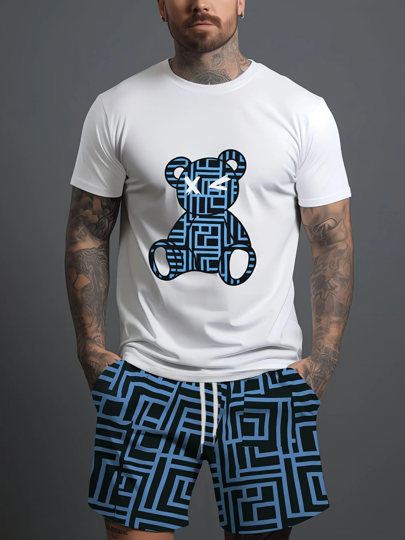 Conjunto de 2 piezas con estampado de osos para hombre, chándal, camisetas, conjunto deportivo para hombre, ropa informal de verano, camiseta Y2K, camiseta, pantalones cortos para hombre