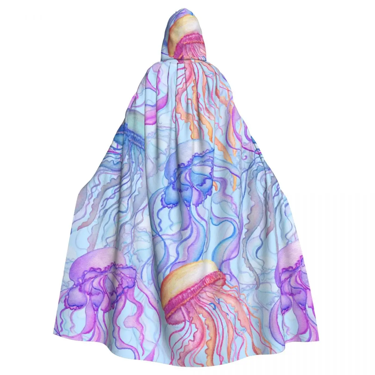 

Watercolor Jellyfish On Blue Background Adult Cloak Cape Hooded Medieval Costume Witch Wicca Elf Purim Carnival Party