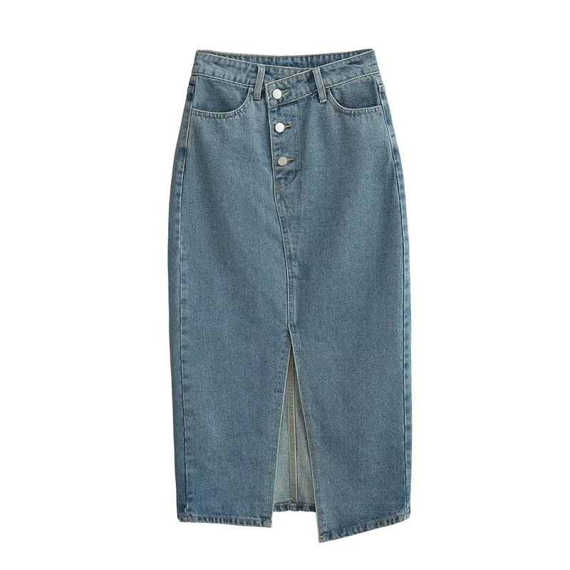 

2023 Summer New High Waist Slim Denim Half Skirt Fashion Versatile Retro Blue Slit Mid Length Skirt