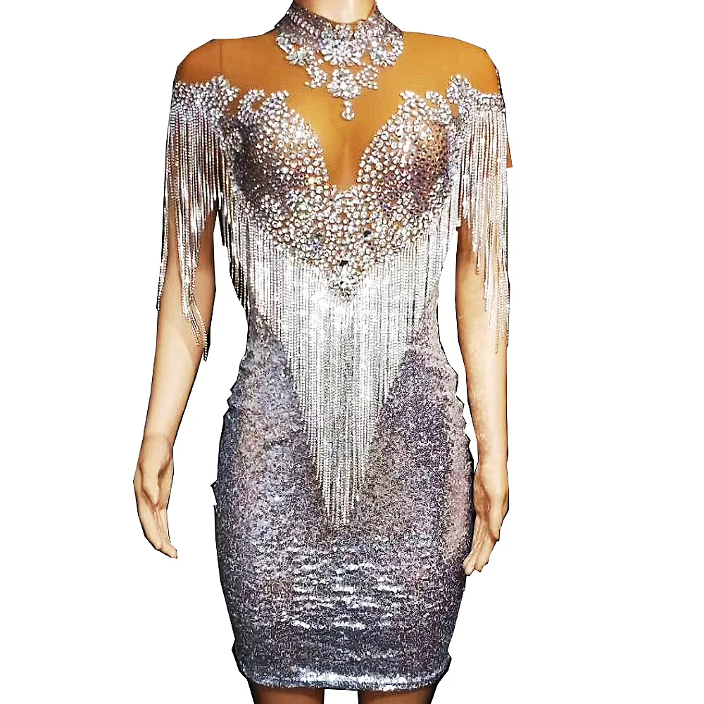 

Sparkling Sequins Rhinestones Tassel Dresses Mesh Gauze Mini Dress Perspective Dance Wear Ladies Nightclub Performance Costumes