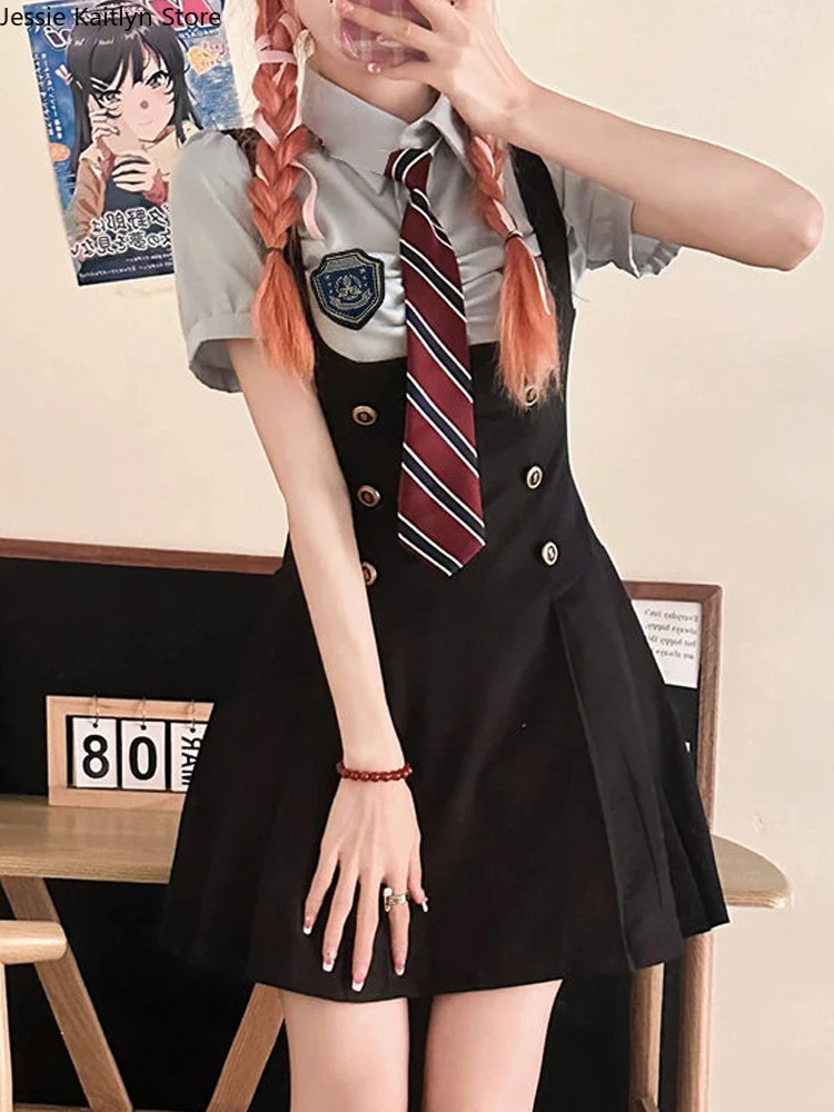 Japanese Fashion School Girl Uniform Women Korean Kawaii Cute College Student Jk Uniform Vintage Chic Shirt and Strap Dress Sets
