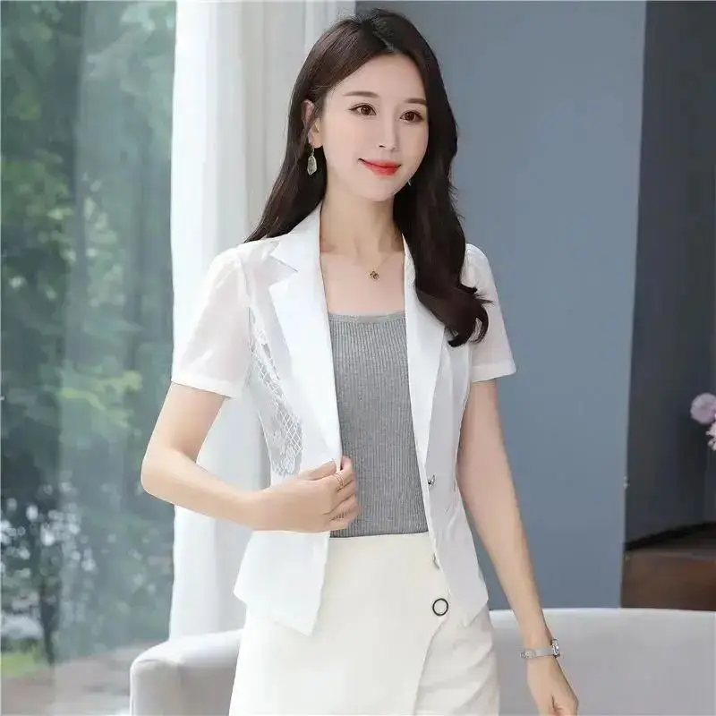 

Женский кружевной Блейзер, элегантный тонкий шифоновый пиджак белого цвета с защитой от солнца, офисный костюм, пиджак, облегающие топы, A152, лето 2024