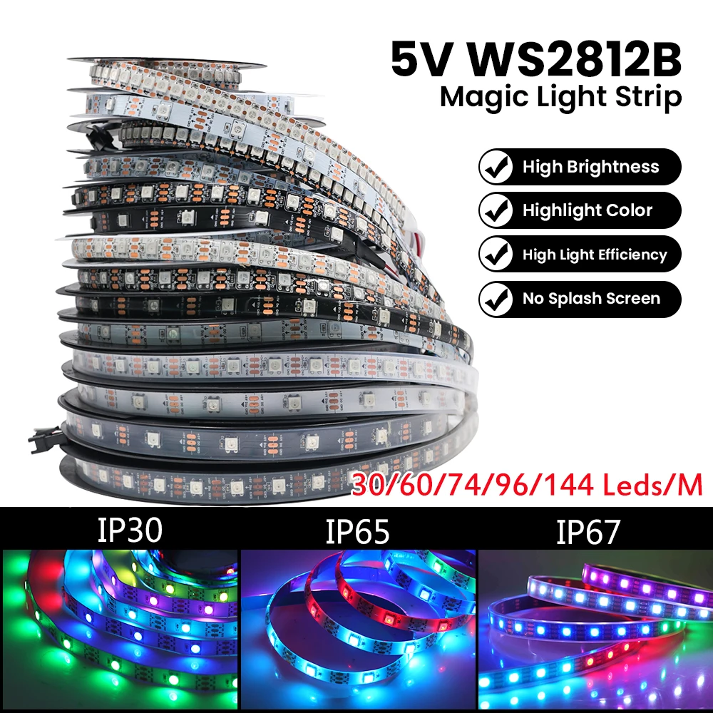 

DC5V WS2812B Individually Addressable 5050 RGB Led Strip Magic Light 30/60/74/96/144Leds/M Black White PCB Waterproof IP30/65/67