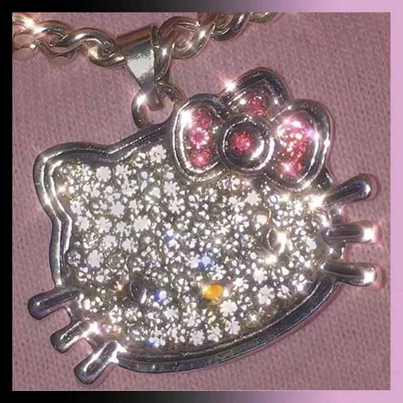 Hello Kitty Silver Pendant Necklace With A Pave Clear Crystal Rhinestone  Face and a Pink Bow Sanrio Adorable - Etsy Australia