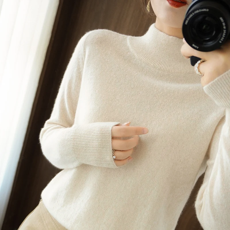 

Turtleneck cashmere sweater pullover sweater women's new loose thickened solid color long-sleeved knitted top wool bottoming