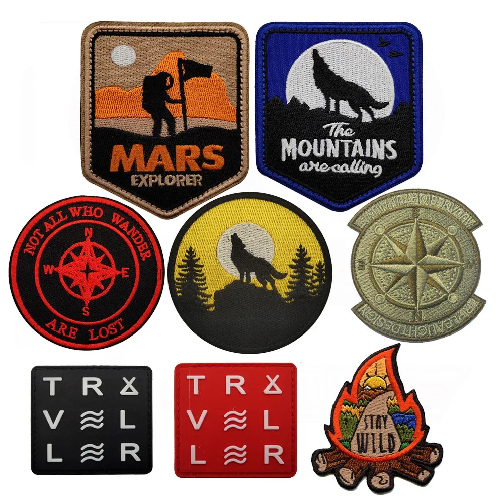 

3D Embroidered Wolf Roar Patches for Clothing Armband Jungle Sunrise Mountain Camping Scenery Compass Backpack Sticker
