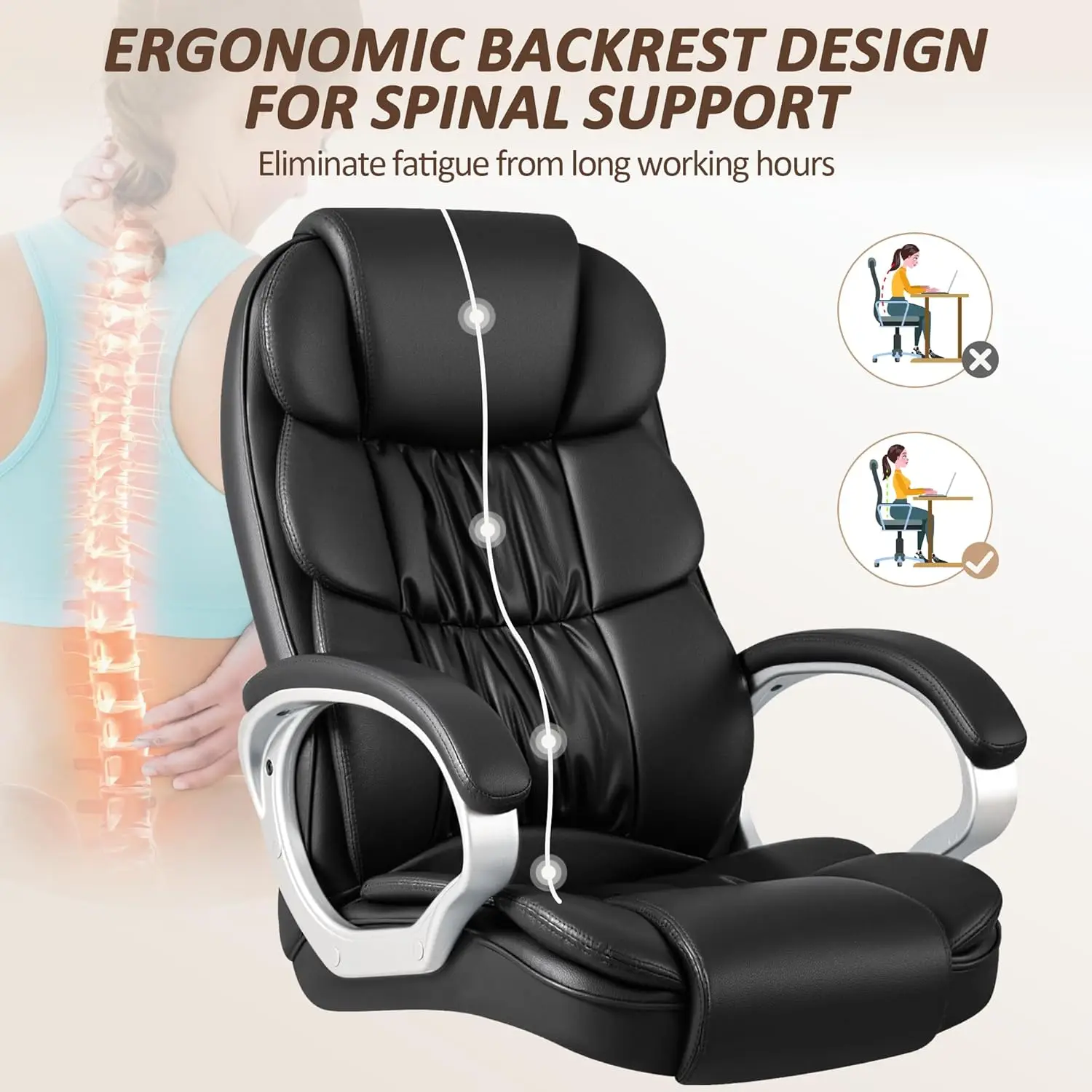 Office Chair High Back Computer Desk Chair, PU Leather Adjustable Height Modern Executive Swivel Task Chair with Padded Armrests