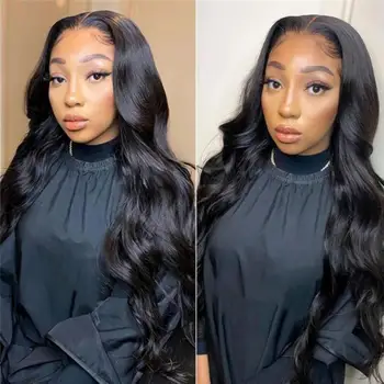 Natural Black Body Wave Remy Human Hair Wigs Lace Front Wig Pre Plucked Hairline 180% Density HD Transparent Lace Frontal Wig 1