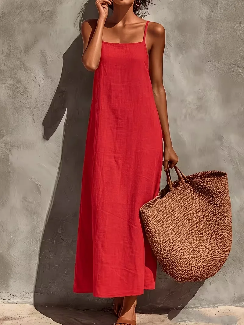 Damen Sommer Neues Französisches Leinen-Slip-Kleid, Retro Rotes Kleid mit Quadratischem Ausschnitt, Locker Geschnittenes Langes Kleid, Ausgewähltes Leinen mit Textur und Feuchtigkeitsregulierender Wirkung