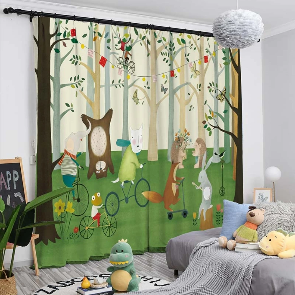 

New Cute Cartoon Green Forest Wildlife 3D Print Thick Blackout Curtain Bedroom Living Room Window Drape 2 Pieces Shading