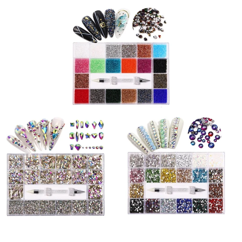 

21 Grids Rhinestones Set Multi Shapes Glass Crystal Jewels Rhinestones for Nails Art Decorations with Wax Pencil