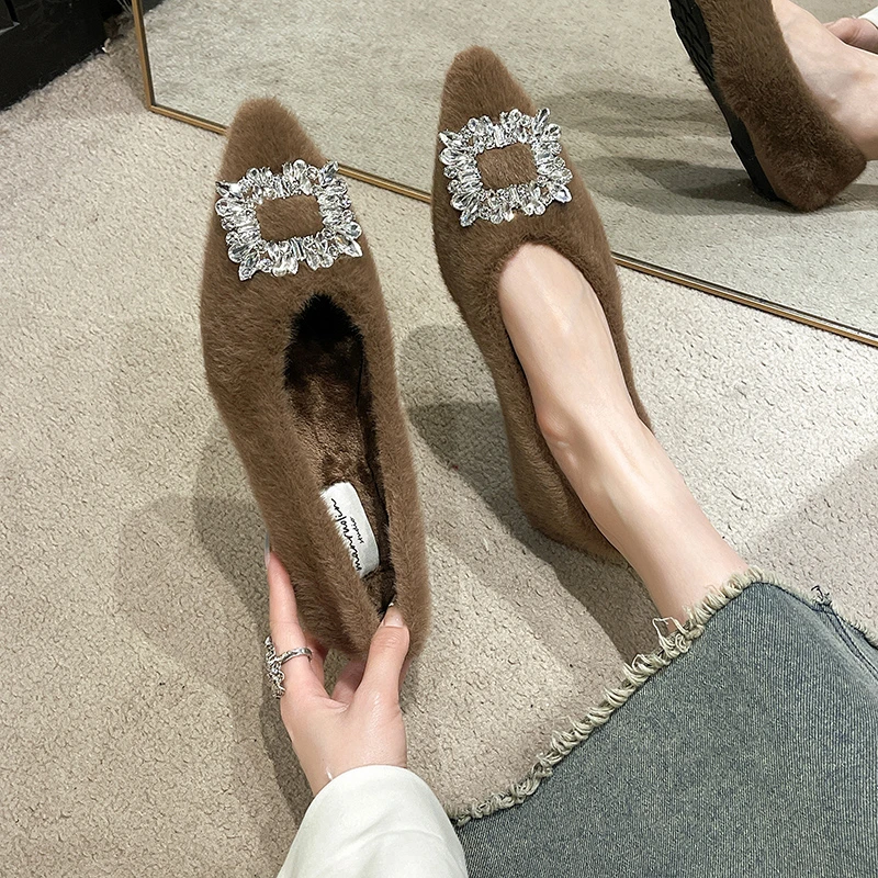 Aphixta Luxury Crystal Buckle Slip On Flats Soft Furry Shoe Shallow Flat With Women Loafers Pointed Toe Warm Casual Shoes