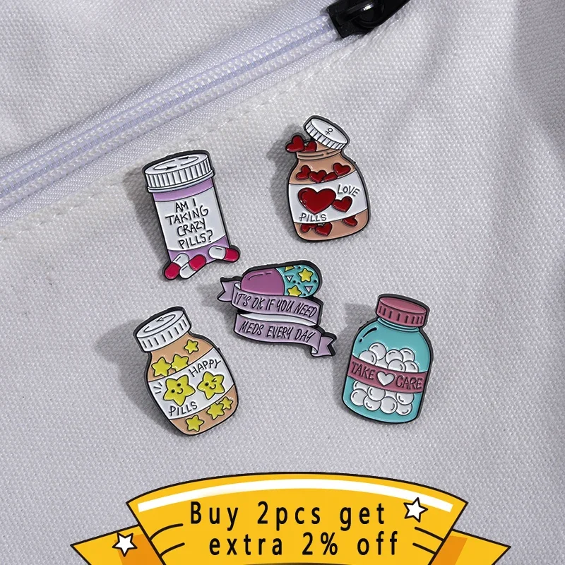 Kreative Liebe Pille Medizin Jar Emaille Pin Lustige Glücklich Nehmen Pflege Musik Pflaster Brosche Revers Abzeichen Rucksack Schmuck Großhandel – Detail 1