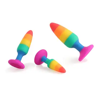 Rainbow Silicone Anal Plug 3 Size Multicolor Butt Plug Wearable Dildo for Anal with Strong Suction Cup Sex Toys for Couples Gay 4