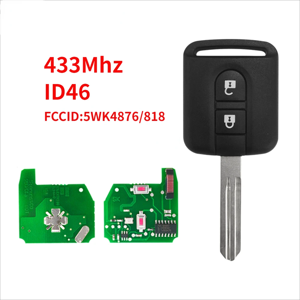 2 Button 5WK4876/ 818 433MHz ID46 PCF7946 Chip Remote Key Fob for Nissan Elgrand X-TRAIL Qashqai Navara Micra Note NV200