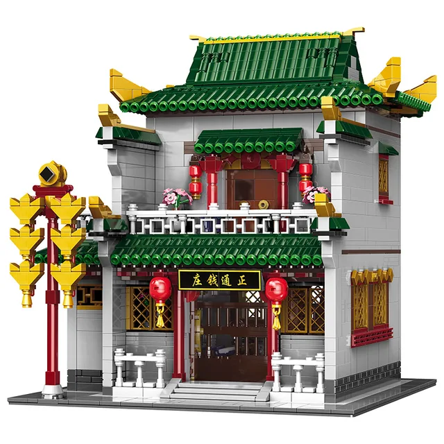 Chinatown City Street View Architecture China Native Bank Building Block Streetscape Money House Shop Model Bricks Figures Toys 1