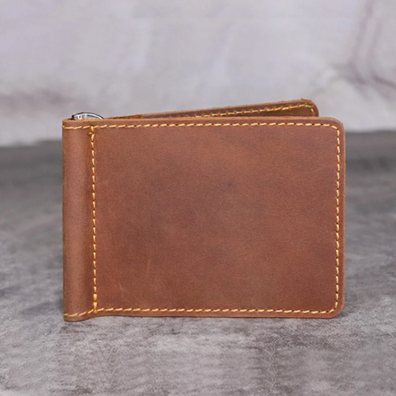 Handmade Genuine Leather Money Clip Wallet for Men Male Crazy Horse Cowhide Short Bifold Slim Money Clip 3