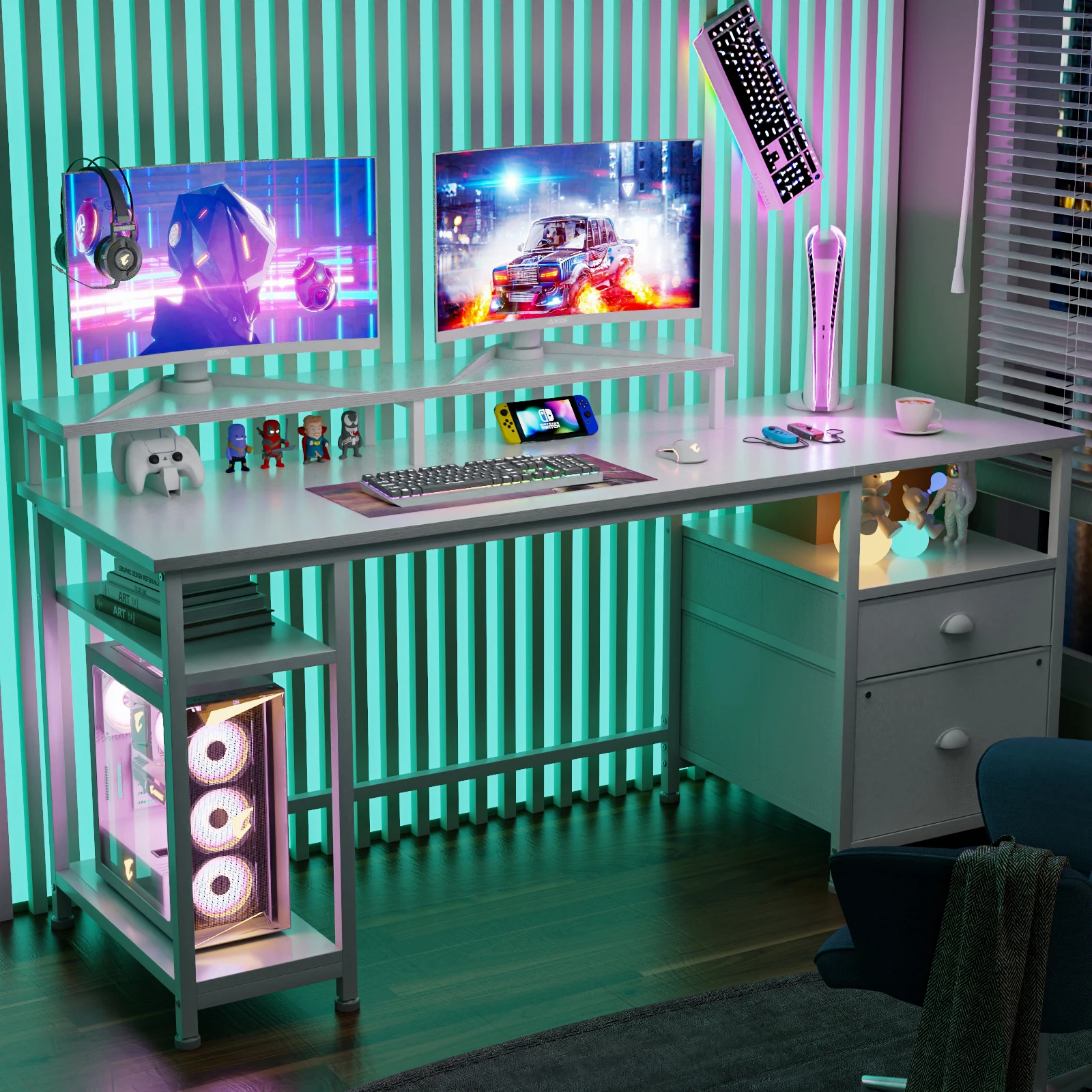 Satifur 93 inch 2-person Office Desk with Power Sockets and LED Lights,61in Computer Desk,Home Work Desk,Monitor Stands, Drawers 6