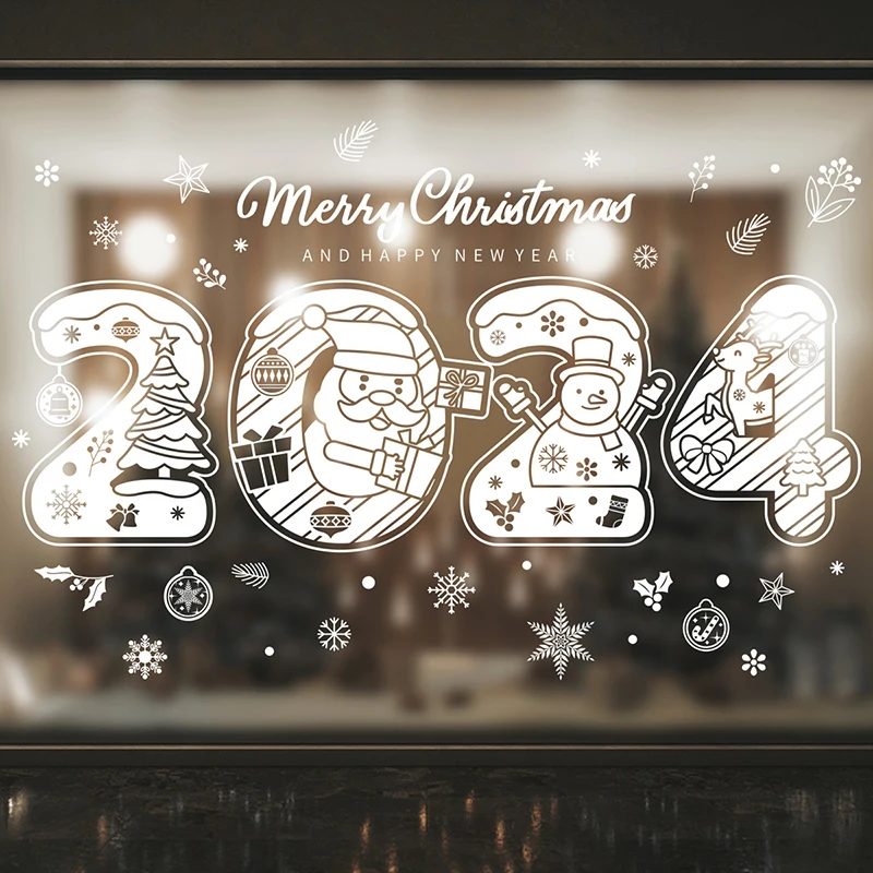 

1Pc 2024 New Year Christmas Glass Wall Sticker Merry Xmas White Snowflake Static Sticker Santa Claus Elk Snowman Window Sticker