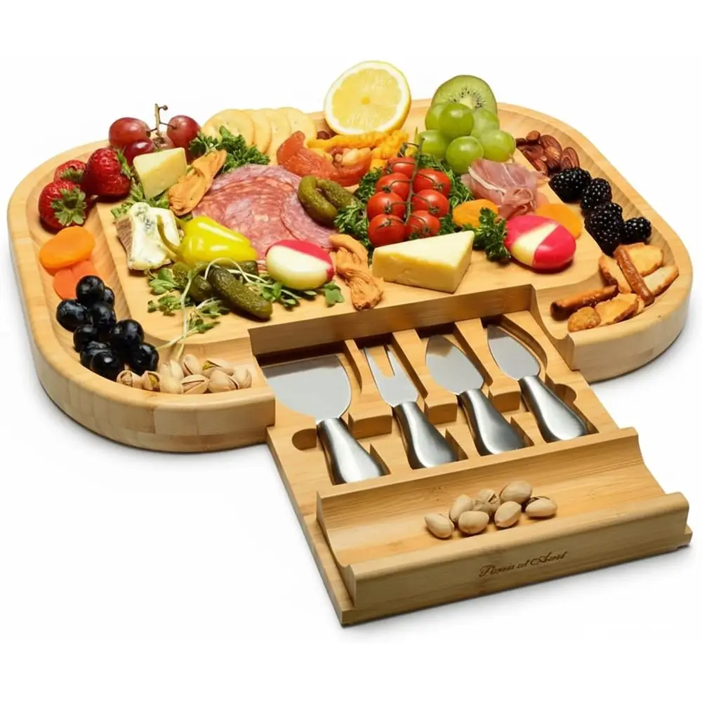 USA-Designed Bamboo Cheese & Charcuterie Board with Knife Set and Cheese Markers