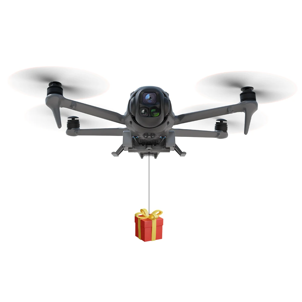 Drone DJI Mavic 4 Pro en vol transportant le Système Airdrop BRDRC, démonstration de stabilité en vol.