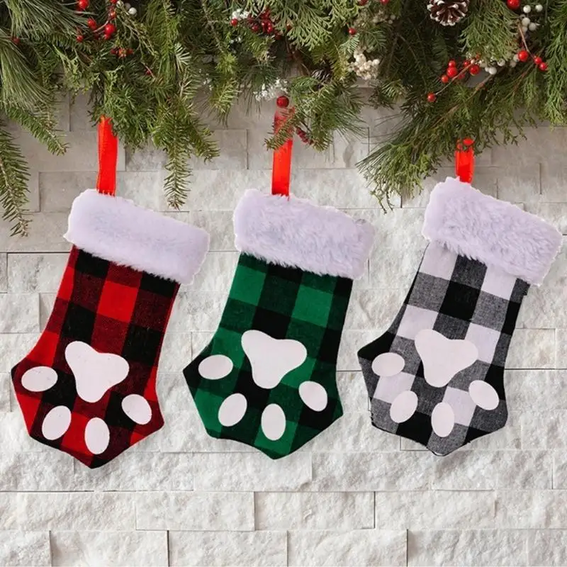 40ja Weihnachten süß für Katzenpfoten Plaid Stocking Anhänger Baumdekor Gefüllte Geschenkverpackung für Kinder Süßigkeiten – Detail 9