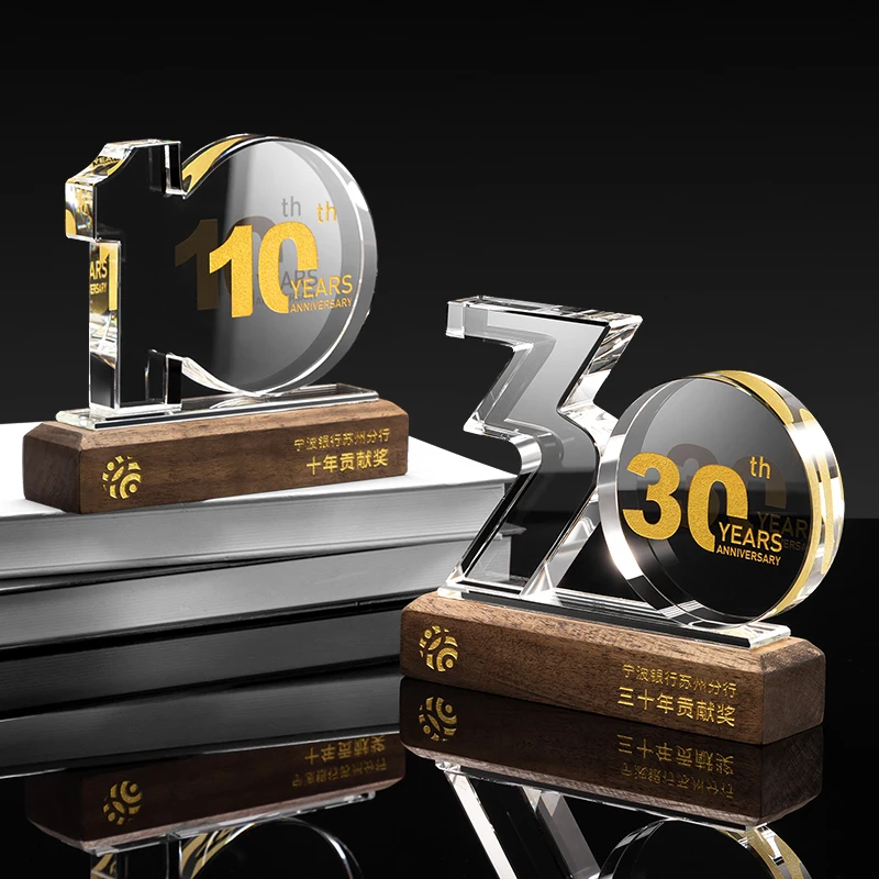 Customized Digital Year Anniversary Solid Wood Base Crystal Trophy, Company Annual Meeting Award Commemorations, Home Decor, 1Pc