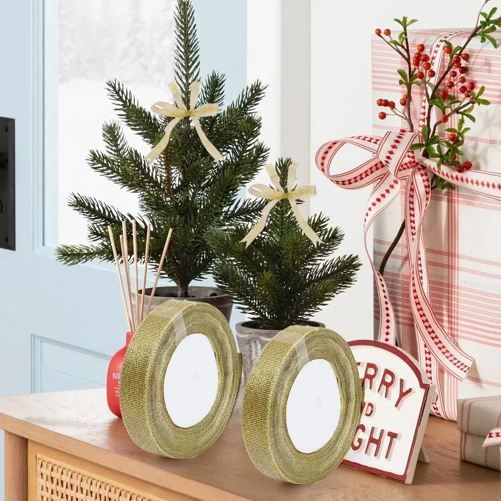 1-6Pcs Gold/Silver Ribbons Crafts Sewing Party Wedding Gold Ribbon Gift Wrap Bow DIY Organza Ribbon Christmas Home Decoration