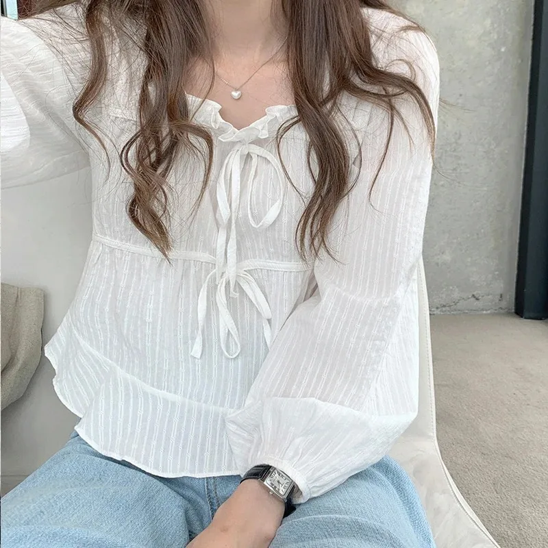 Fashionable Women's Lace Up Short Jacquard Long Sleeved Shirt Casual New Pleated Solid Color Top for Women 11700