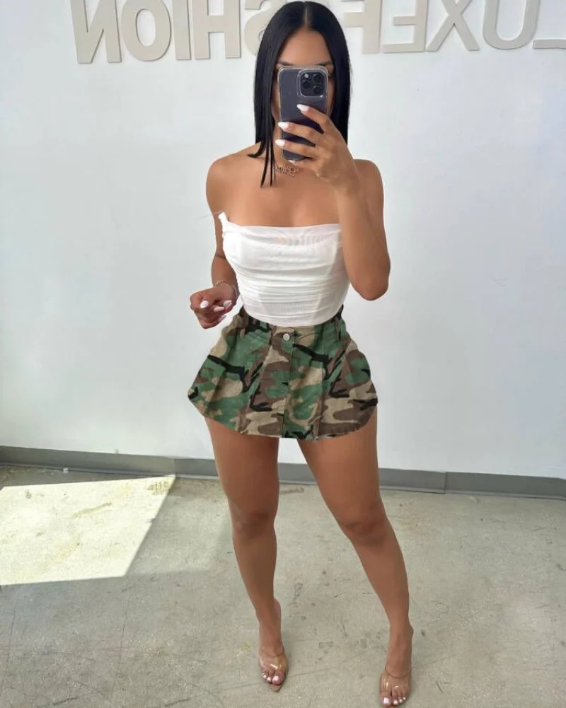 

KEXU Camouflage Zipper Fly Pleated A-line Mini Skirt Shorts 2023 Fashion Summer Street Vintage Women Above Knee Short Pants