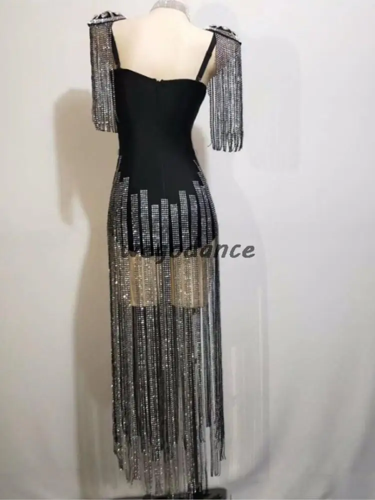 New Crystals Epaulet Fringes Leotard Sexy Women Sparkly Tassel Outfit Women Celebrate Costume Stage Party Singer Dance Wear
