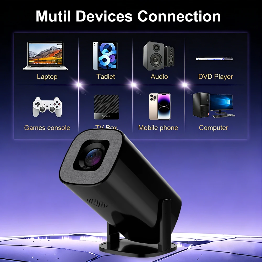 휴대용 프로젝터 300AMSI 네이티브 720P HD 8K 비디오 디코딩 WiFi6 BT5.2 안드로이드 14 침실 야외 영화 감상용 홈 프로젝터
