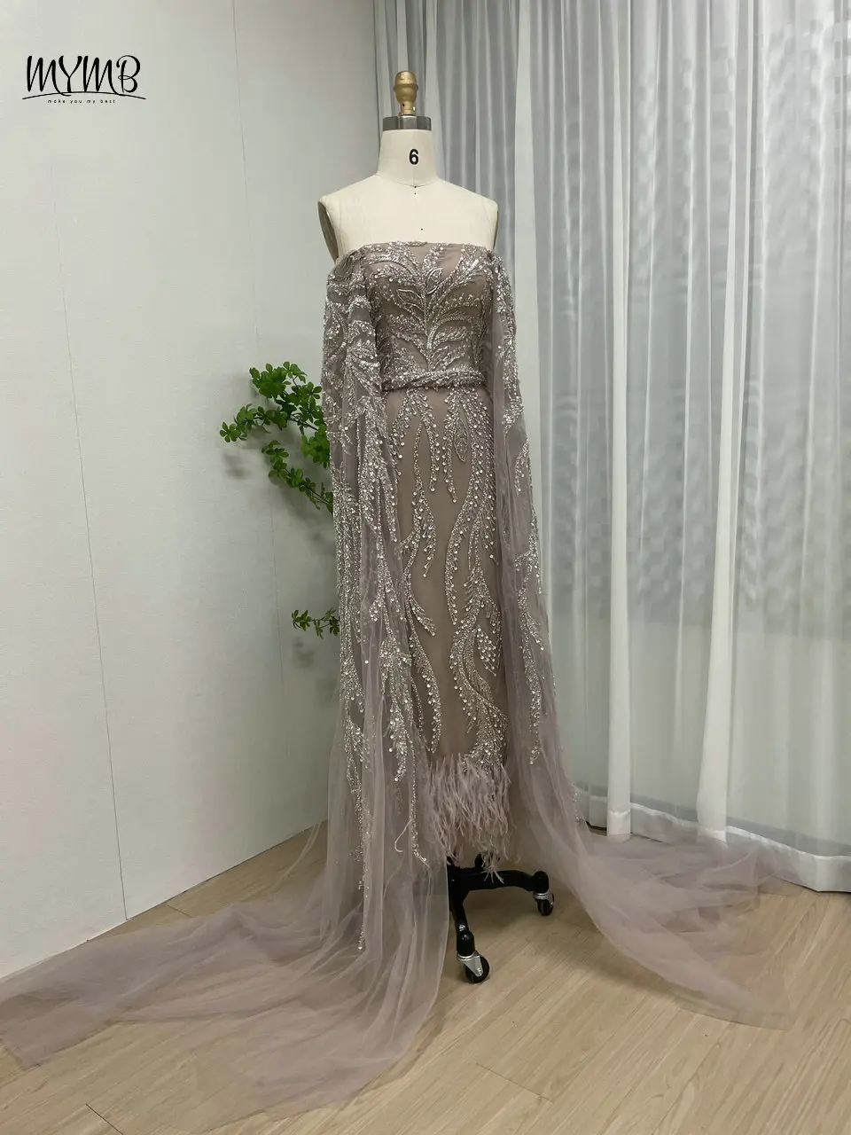 Mymb sexy Champagner träger lose Midi Damen Abend party Kleider arabische Luxus Perlen Meerjungfrau Hochzeit Gast Kleid mit Seiten zug – Detail 9