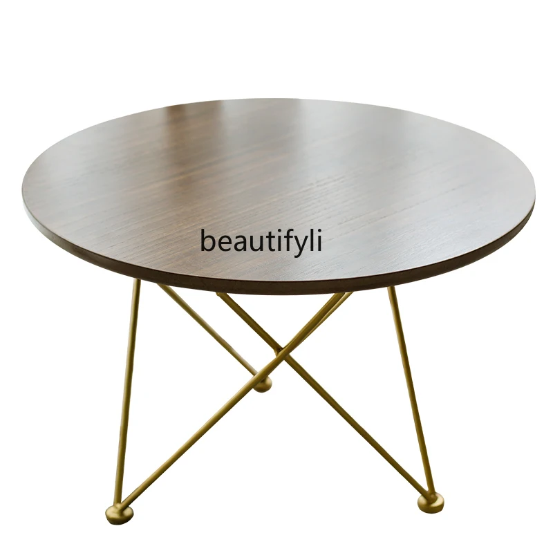 

Small Coffee Table Nordic round Table Solid Wood Living Room Bedside Table Iron Balcony Small Table