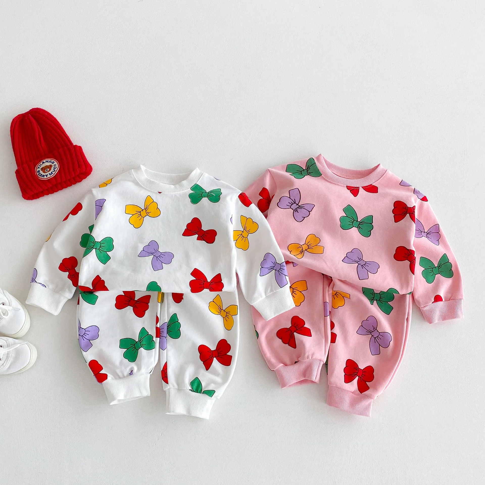 Cotton Kids Hoodie Set Colorful Bow Print Girls Clothing