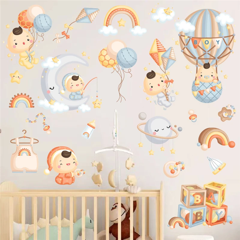 

Cartoon Baby Playing With Balloon Moon Star Wall Stickers For Kids Bedroom Decoration Diy Space Mural Art Home Decals Pvc Poster