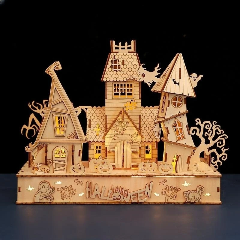 3D Wooden Puzzle Halloween Haunted House Ghost Tree Light DIY Building Model Kit Craft Desk Decoration Toys For Kids Gift