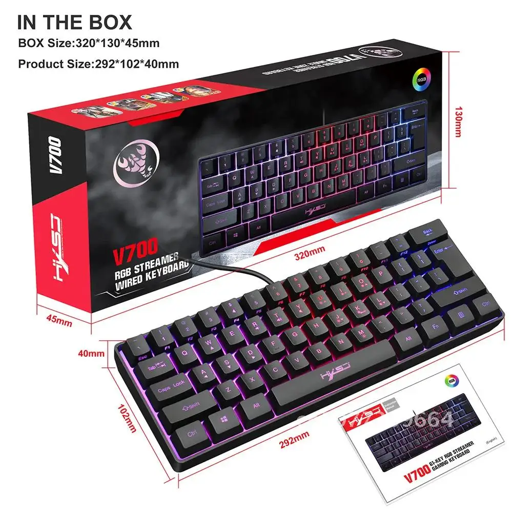 

Adjustable RGB Backlit Wired Gaming Keyboard 61 Keys Mechanical Feeling Multiple Shortcut For PC Laptop Computer Gamer